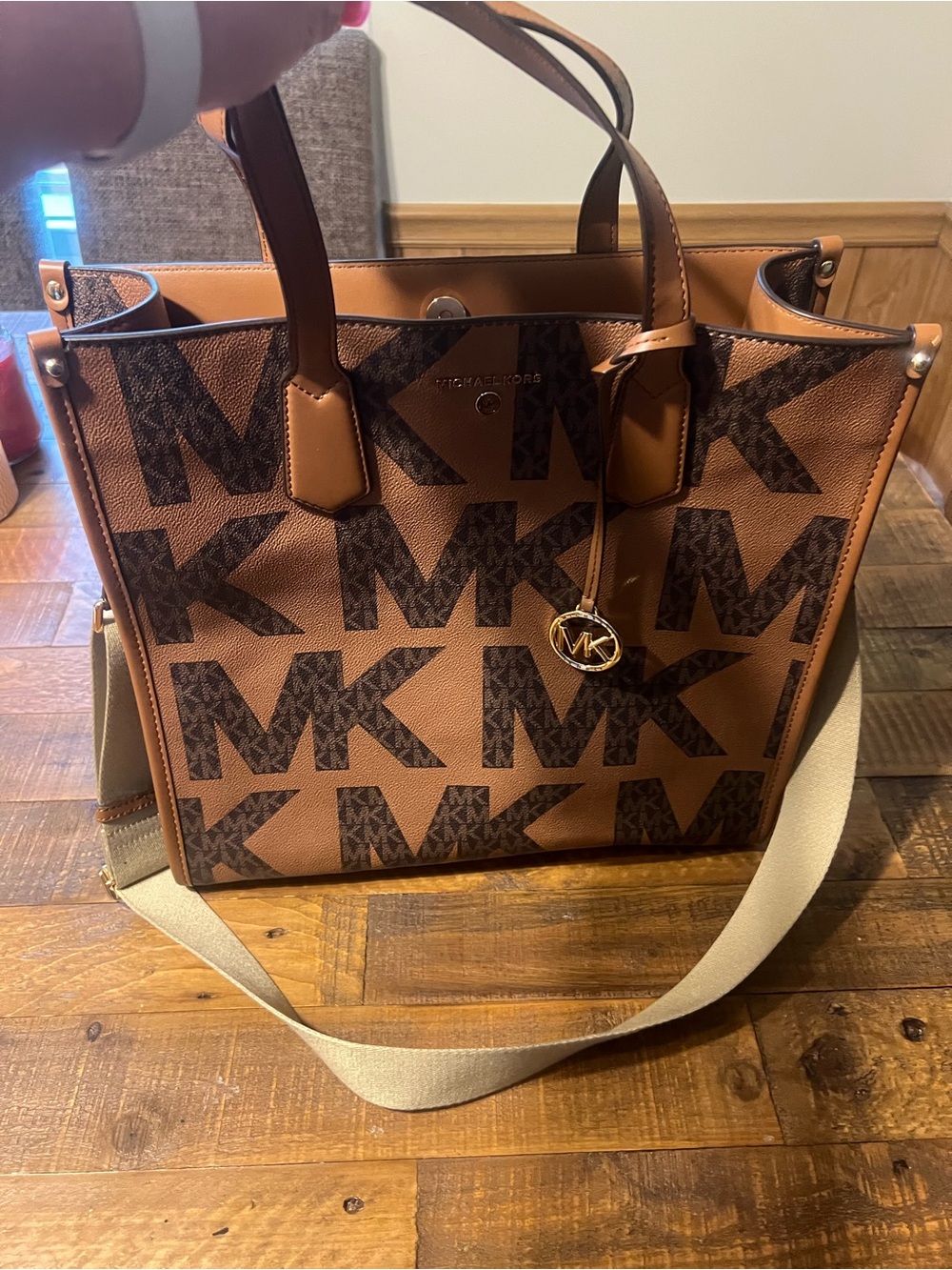 Michael Kors Brown/Tan MK Logo Tote with Detachable Canvas Strap